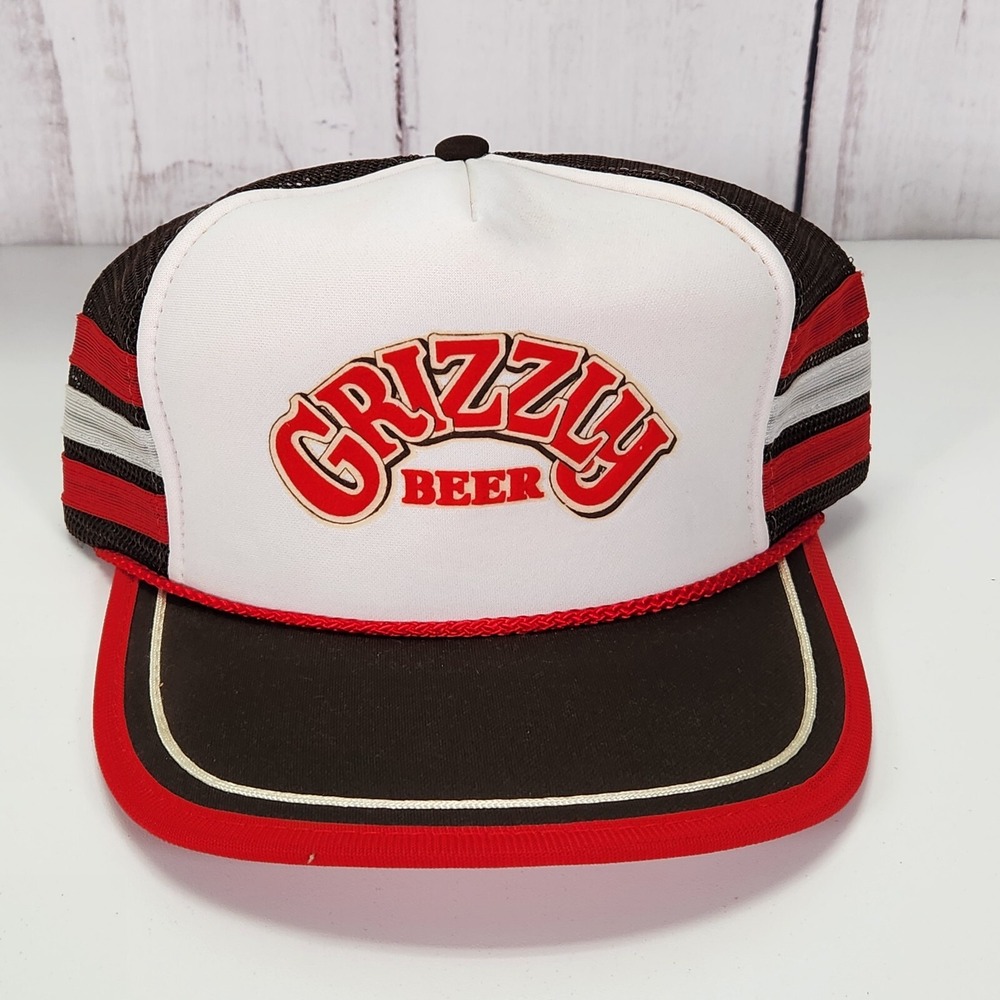 Vintage 90s Grizzly Beer Trucker Hat Braided Rope Mesh Snapback Cap Brown Red